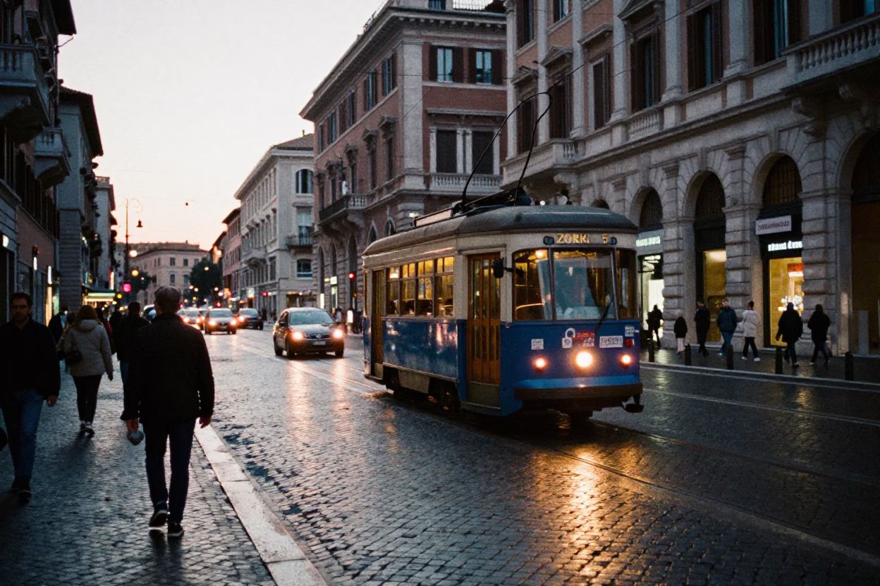 Street Scene in Rome at The Early Evening Light in in Rome, Italy