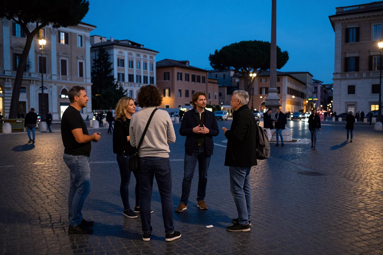 Street Scene in Rome at The Last Blue Light Of Evening in in Rome, Italy
