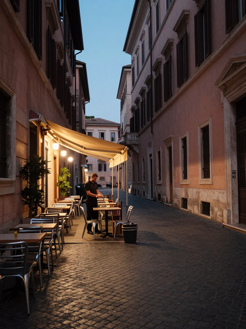 Street Scene in Rome at The Still Hours Before Dawn Light in in Rome, Italy