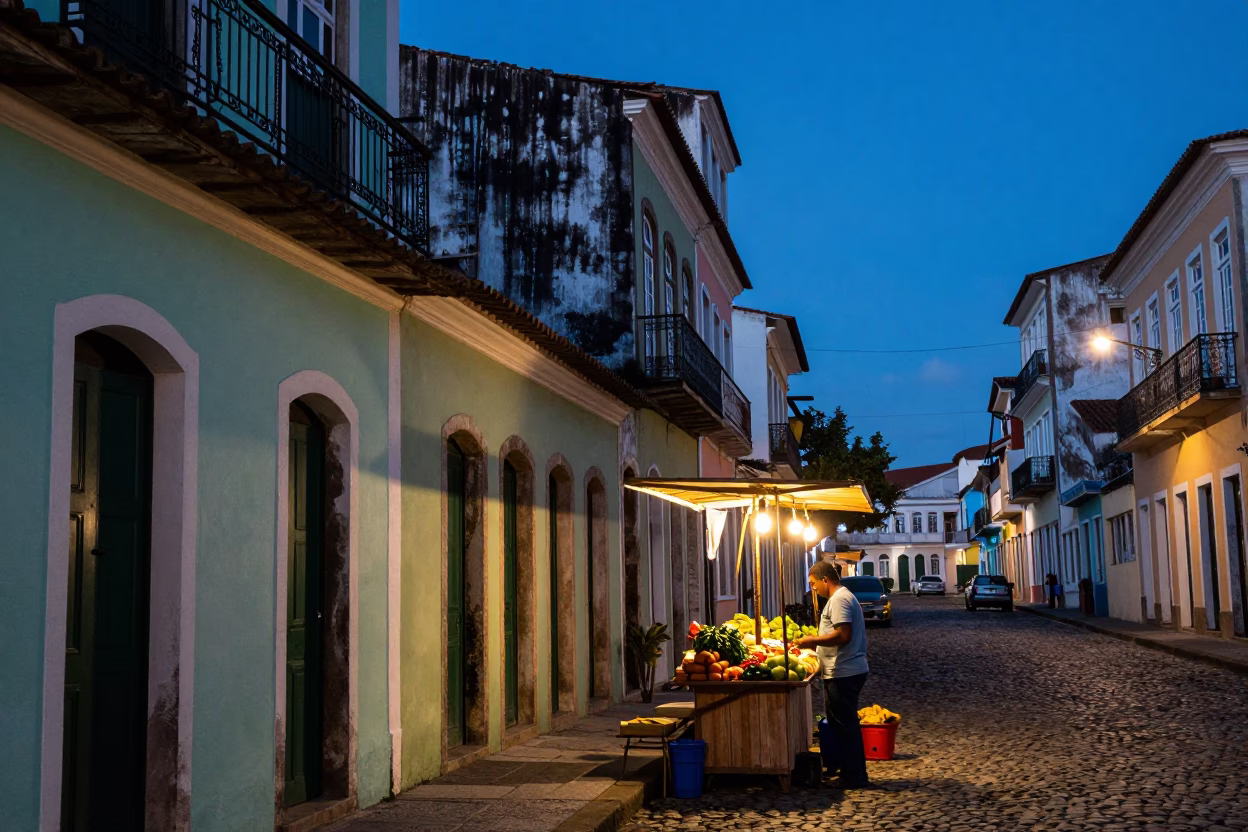 Street Scene in Salvador at Blue Hour in in Salvador, Brazil
