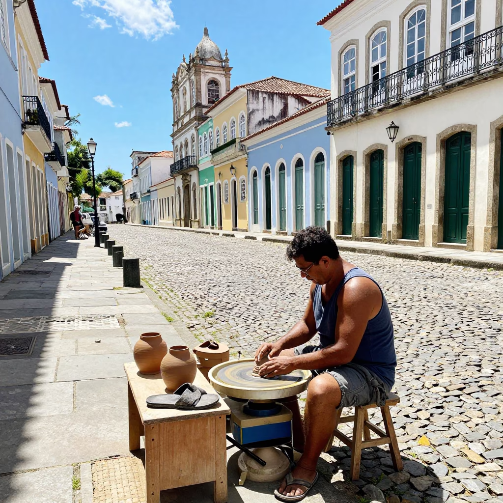 Street Scene in Salvador at Bright Midmorning Light in in Salvador, Brazil