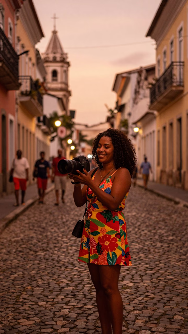 Street Scene in Salvador at Copper-toned Light Before Dusk in in Salvador, Brazil