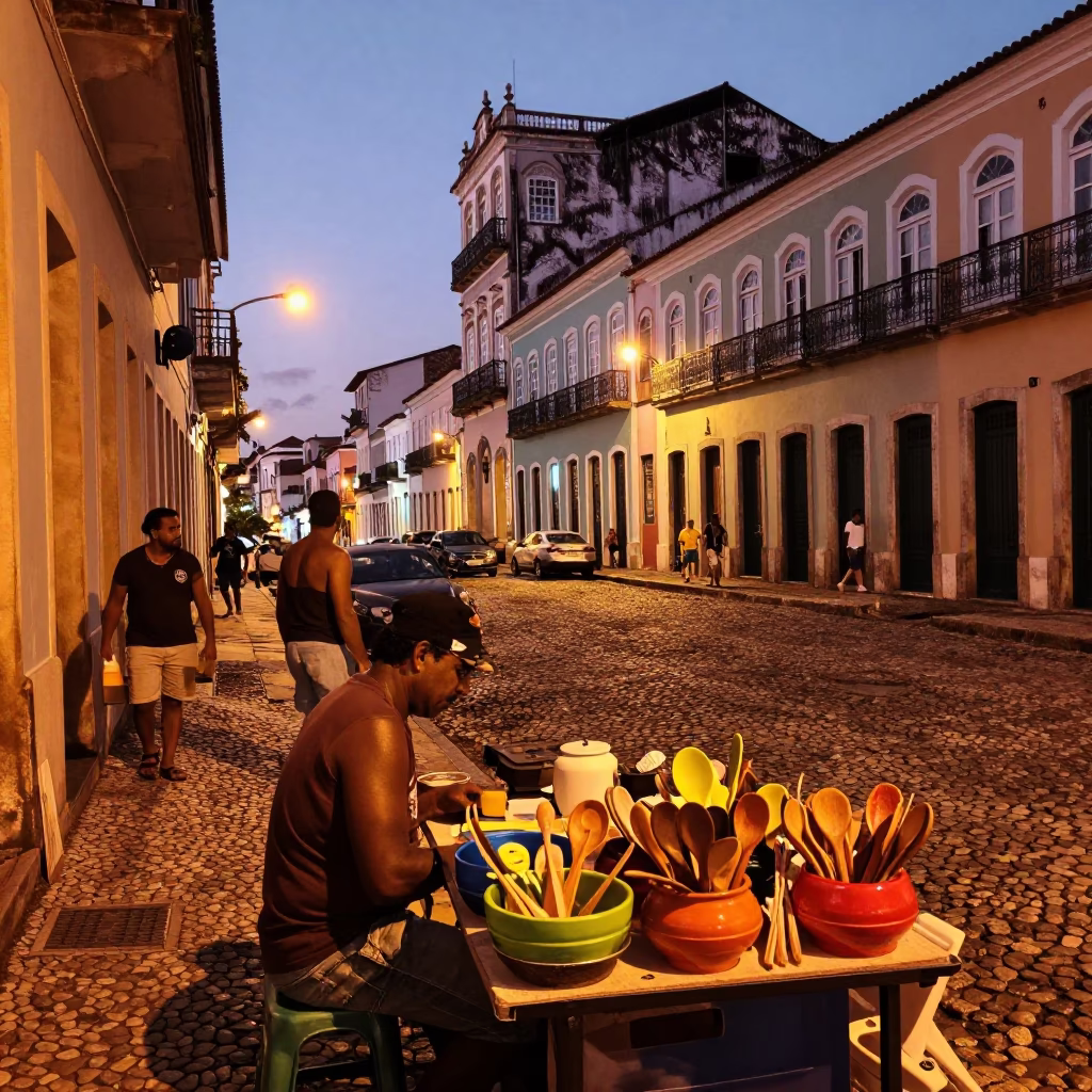 Street Scene in Salvador at Copper-toned Light Before Dusk in in Salvador, Brazil