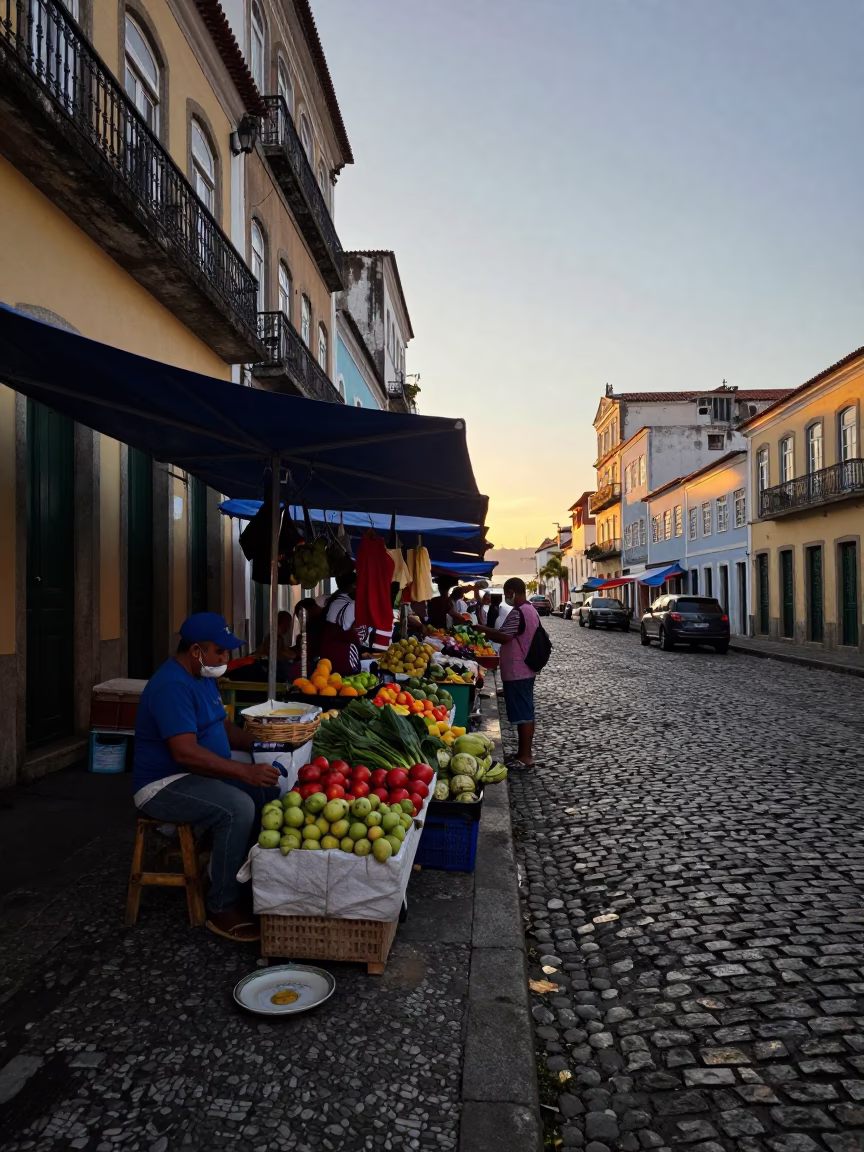 Street Scene in Salvador at Nautical Dawn Light in in Salvador, Brazil