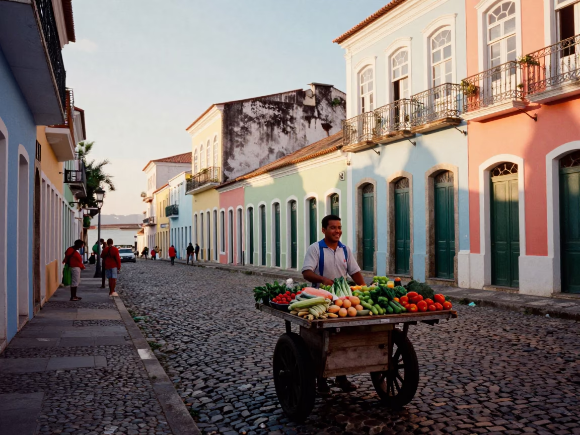 Street Scene in Salvador at The Late Afternoon Light in in Salvador, Brazil
