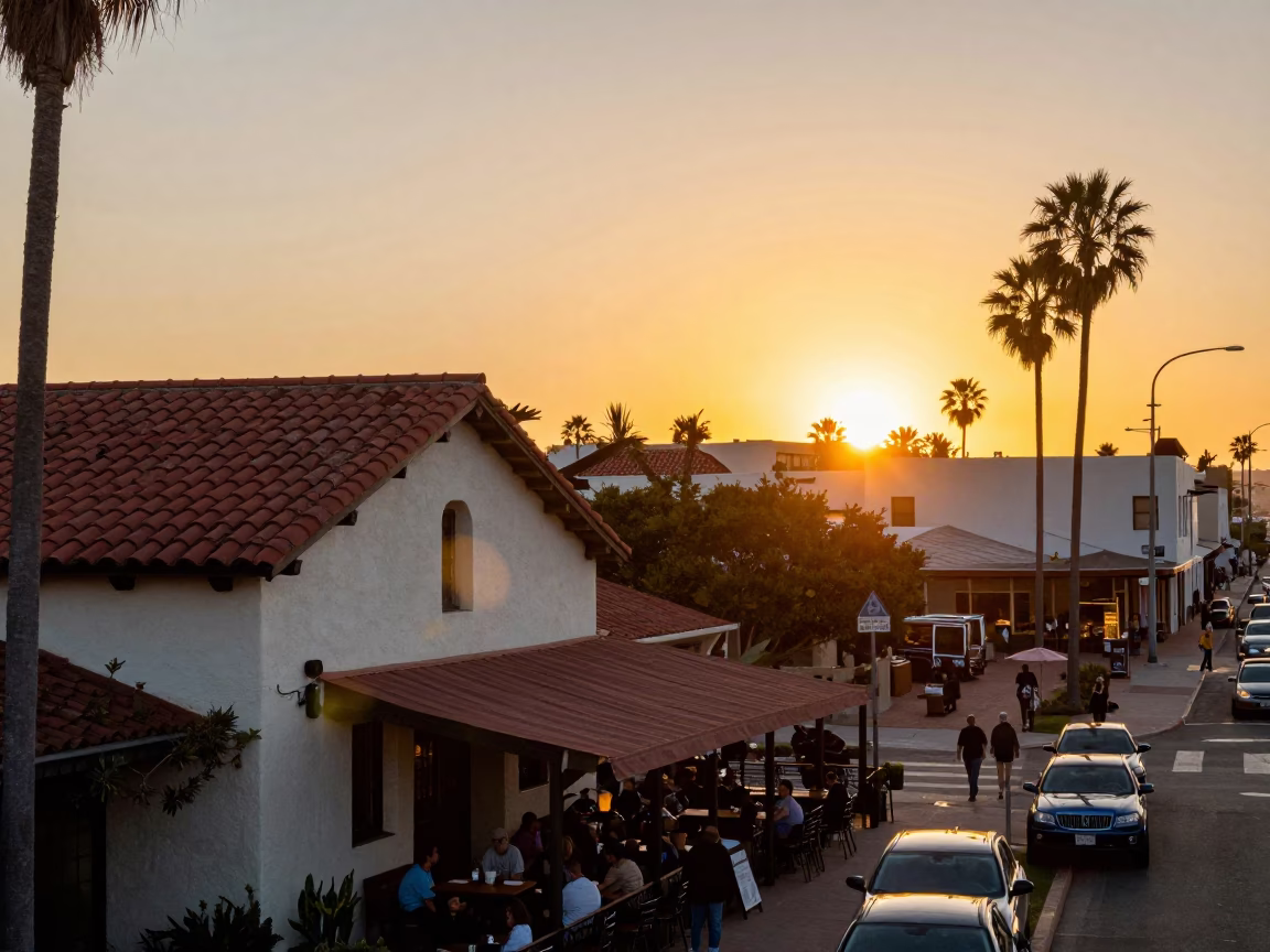 Street Scene in San Diego at As The Sun Drops Toward The Horizon in in San Diego, California, United States