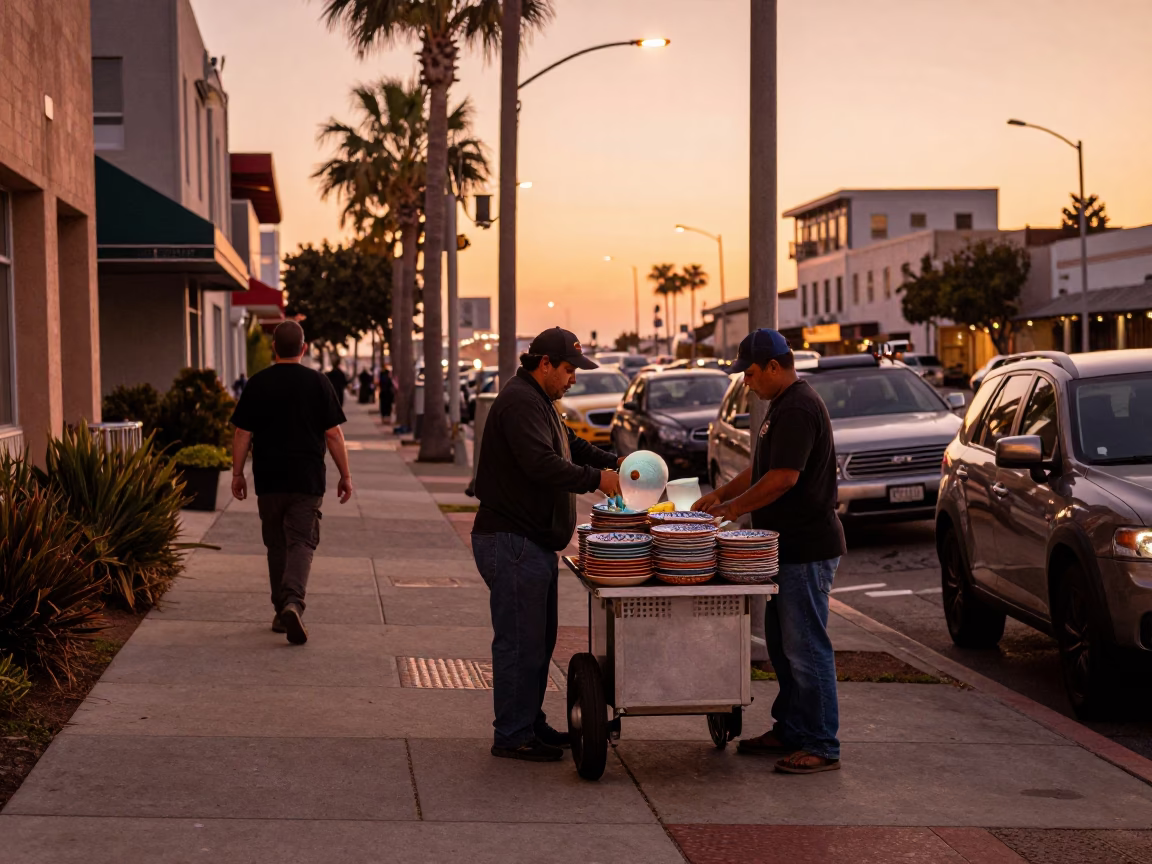 Street Scene in San Diego at Copper-toned Light Before Dusk in in San Diego, California, United States