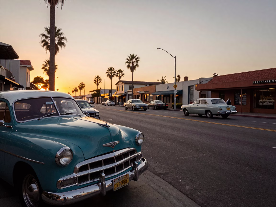 Street Scene in San Diego at Honeyed Evening Light in in San Diego, California, United States