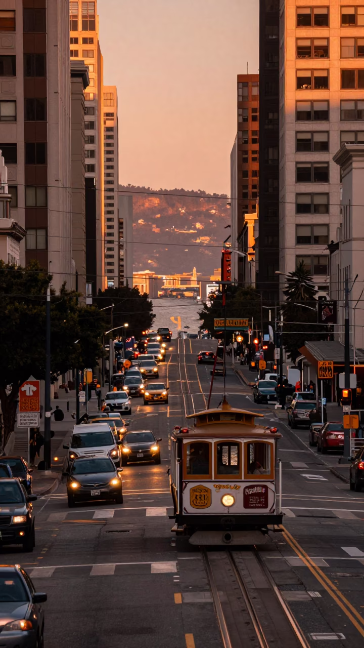 Street Scene in San Francisco at Copper-toned Light Before Dusk in in San Francisco, California, United States
