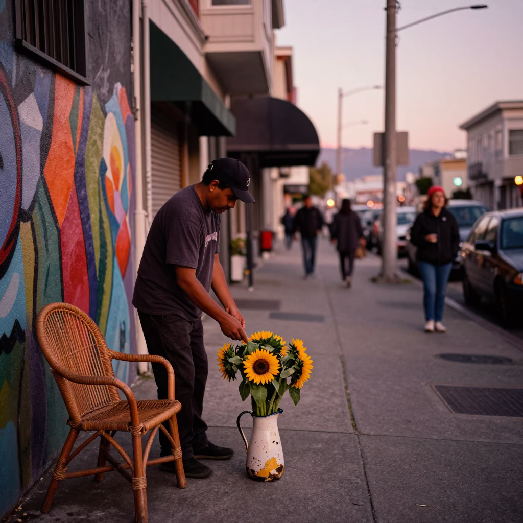 Street Scene in San Francisco at Copper-toned Light Before Dusk in in San Francisco, California, United States