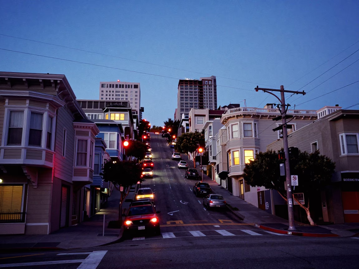 Street Scene in San Francisco at Indigo Twilight After Sunset in in San Francisco, California, United States