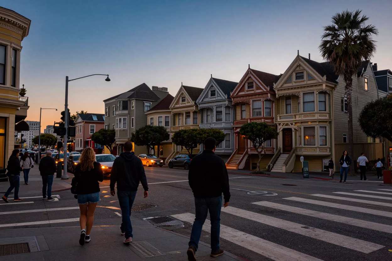 Street Scene in San Francisco at Twilight in in San Francisco, California, United States