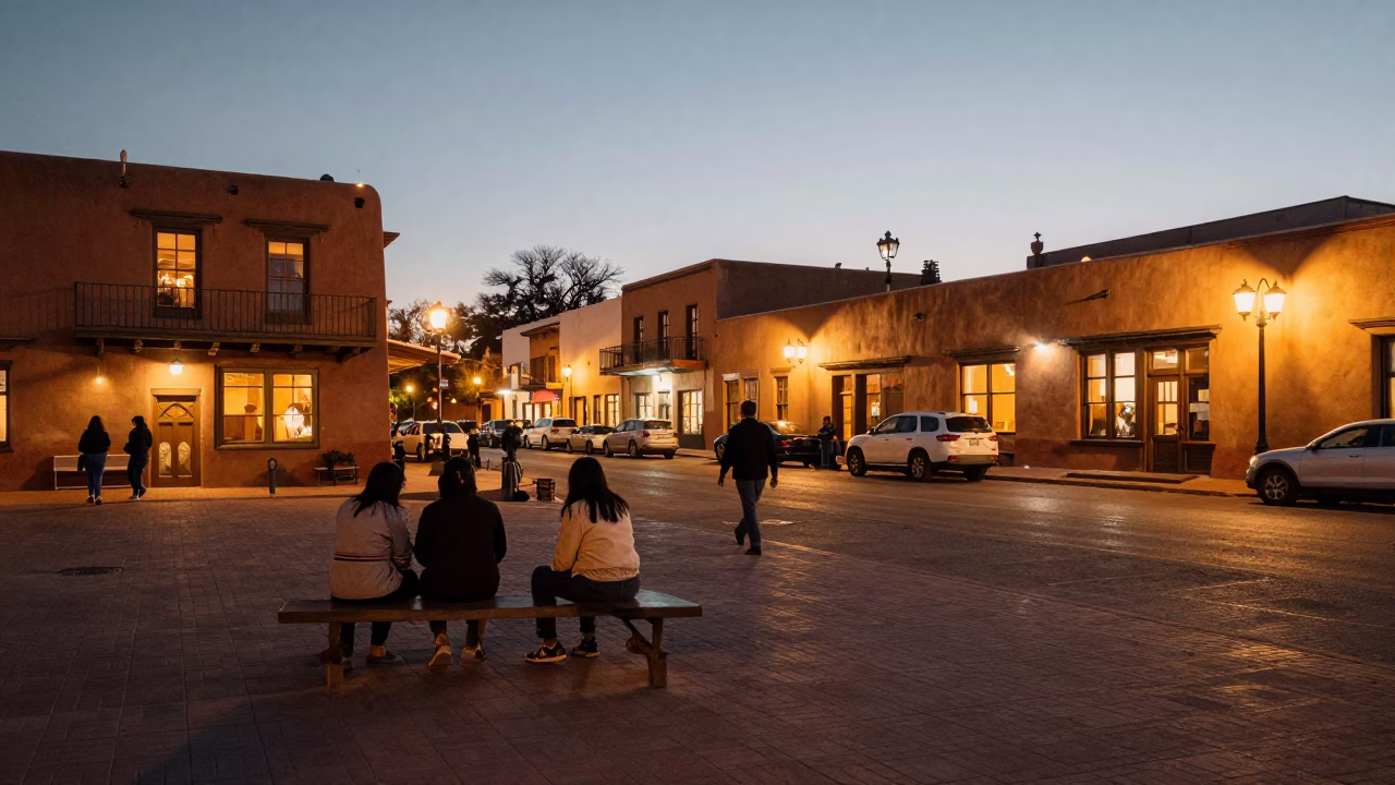 Street Scene in Santa Fe at As City Lights Begin To Glow in in Santa Fe, New Mexico, United States