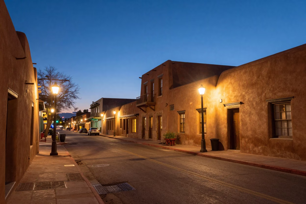 Street Scene in Santa Fe at As City Lights Begin To Glow in in Santa Fe, New Mexico, United States