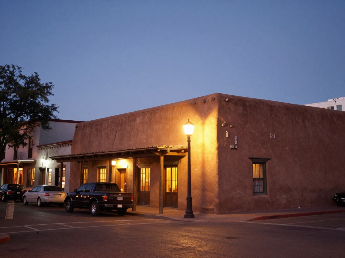 Street Scene in Santa Fe at As City Lights Begin To Glow in in Santa Fe, New Mexico, United States