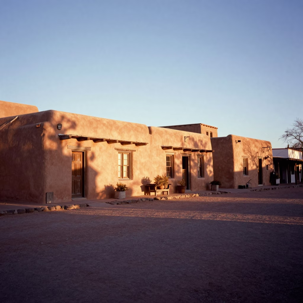 Street Scene in Santa Fe at As First Light Reaches The Scene in in Santa Fe, New Mexico, United States