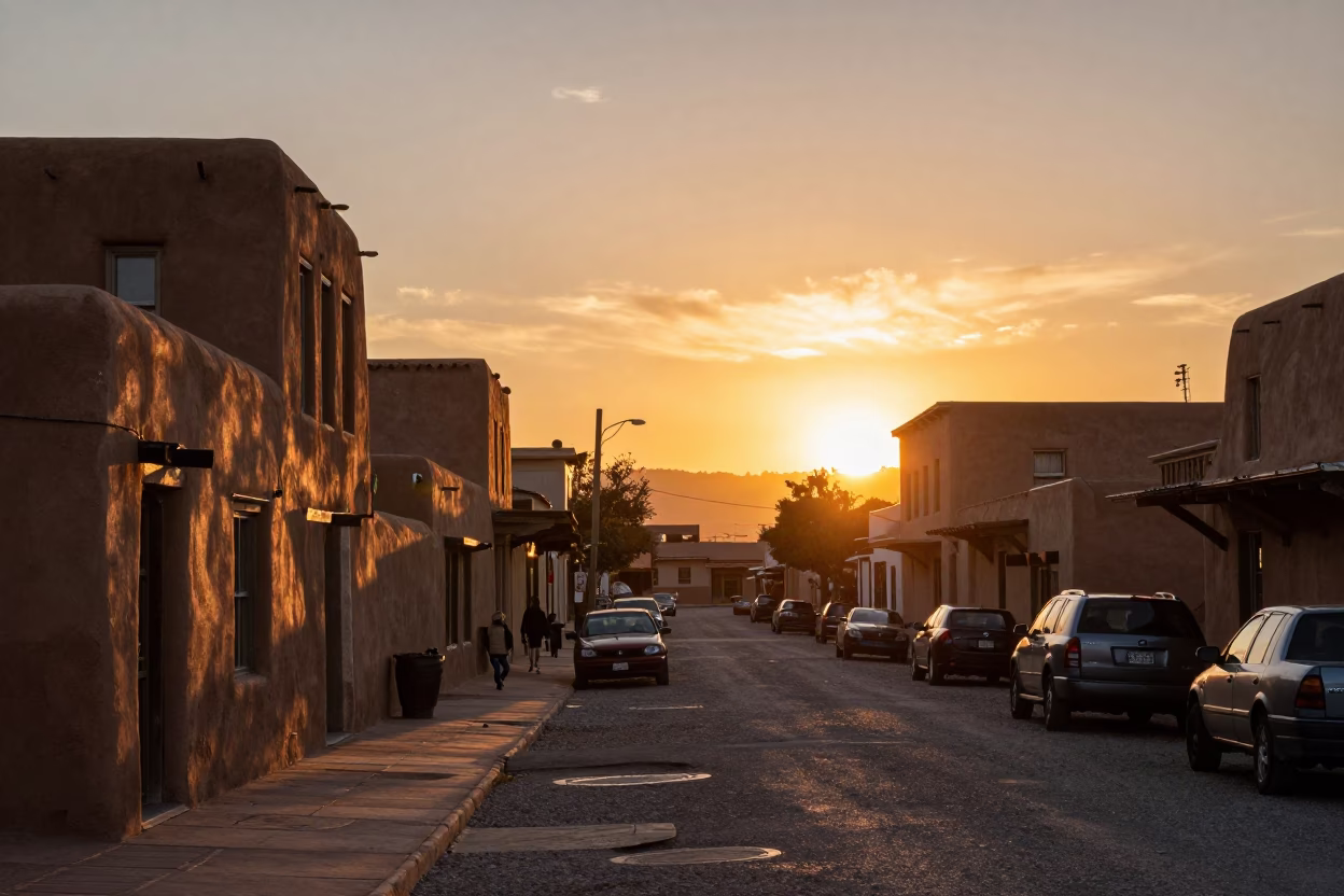 Street Scene in Santa Fe at As The Sun Drops Toward The Horizon in in Santa Fe, New Mexico, United States