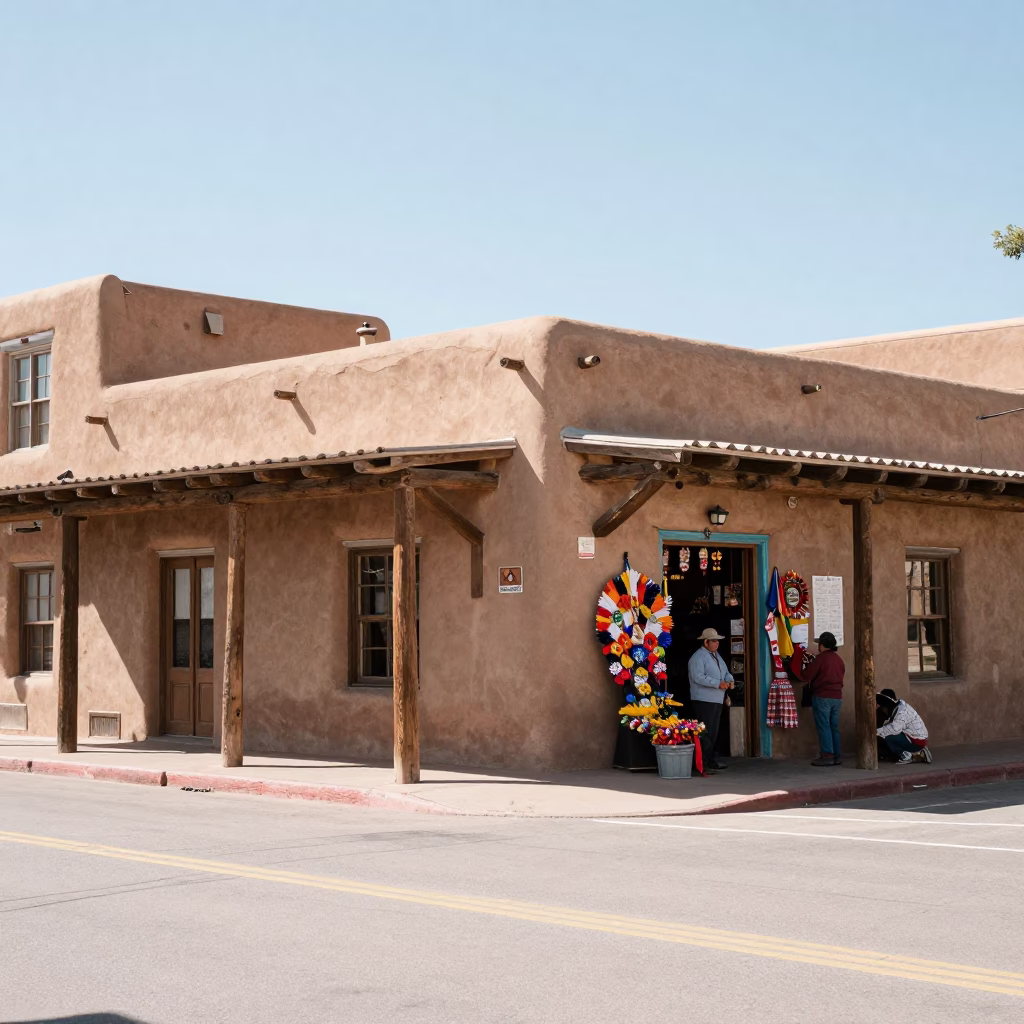 Street Scene in Santa Fe at Bright Midmorning Light in in Santa Fe, New Mexico, United States