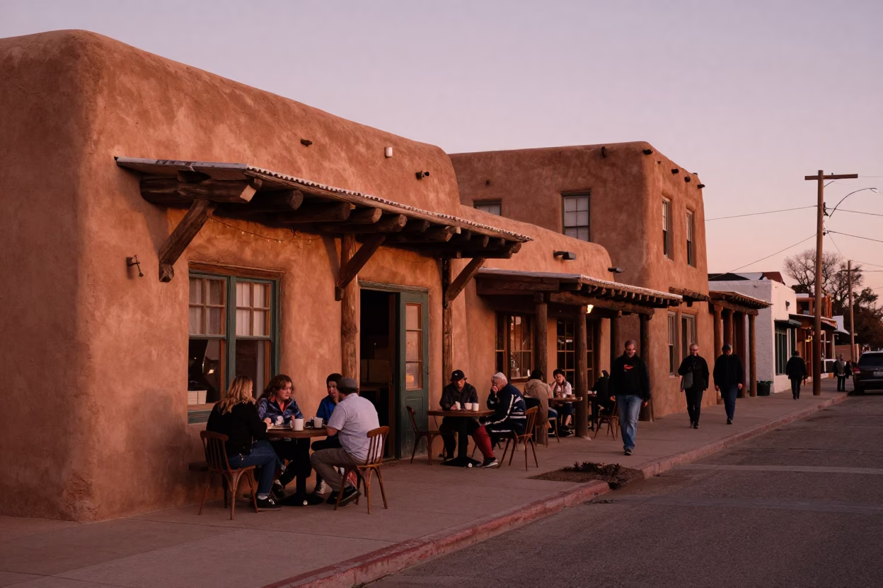 Street Scene in Santa Fe at Copper-toned Light Before Dusk in in Santa Fe, New Mexico, United States