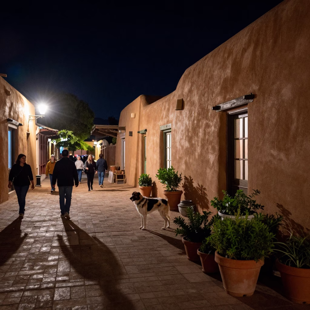 Street Scene in Santa Fe at Deep In The Night Light in in Santa Fe, New Mexico, United States