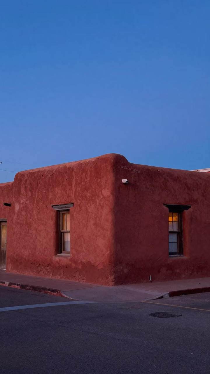 Street Scene in Santa Fe at Indigo Twilight After Sunset in in Santa Fe, New Mexico, United States