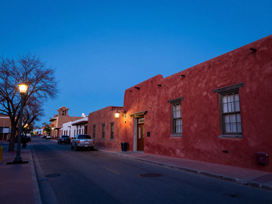 Street Scene in Santa Fe at Nautical Dawn Light in in Santa Fe, New Mexico, United States