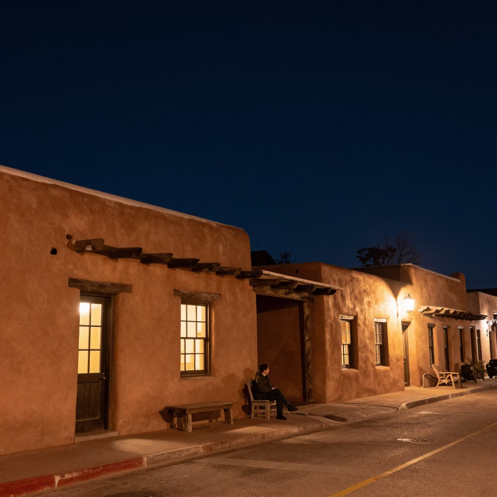 Street Scene in Santa Fe at The Deepest Night Sky Light in in Santa Fe, New Mexico, United States