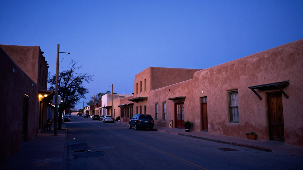 Street Scene in Santa Fe at The Still Hours Before Dawn Light in in Santa Fe, New Mexico, United States