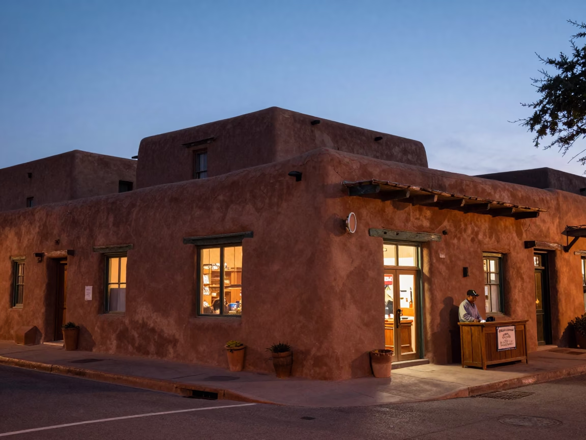 Street Scene in Santa Fe at Twilight in in Santa Fe, New Mexico, United States