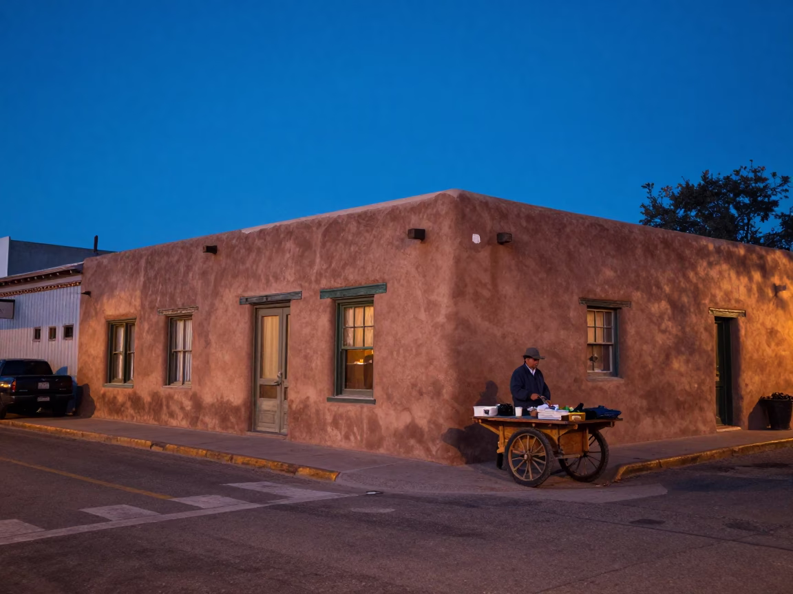 Street Scene in Santa Fe at Twilight in in Santa Fe, New Mexico, United States