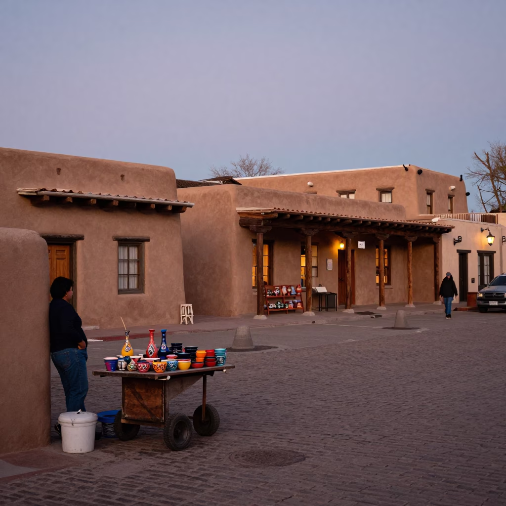 Street Scene in Santa Fe at Twilight in in Santa Fe, New Mexico, United States