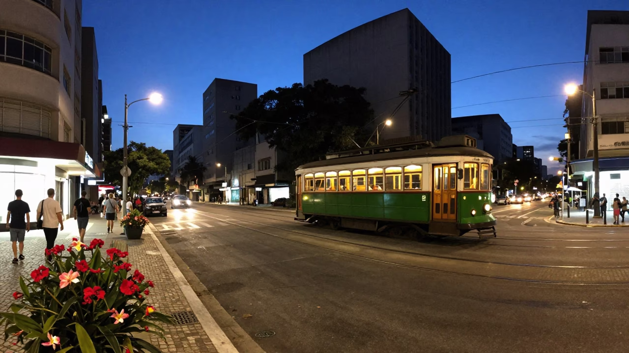 Street Scene in São Paulo at Indigo Twilight After Sunset in in São Paulo, Brazil