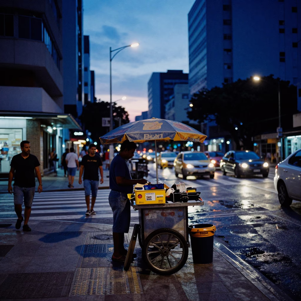 Street Scene in São Paulo at Indigo Twilight After Sunset in in São Paulo, Brazil