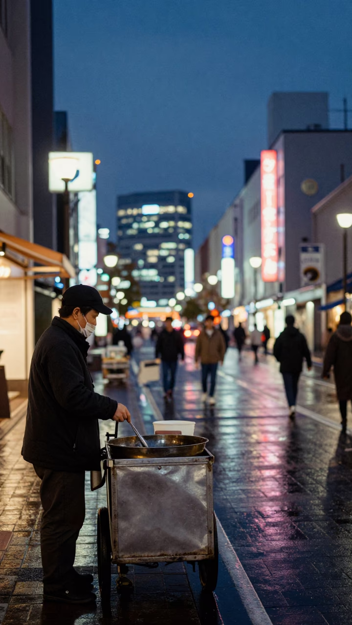 Street Scene in Sapporo at As City Lights Begin To Glow in in Sapporo, Japan