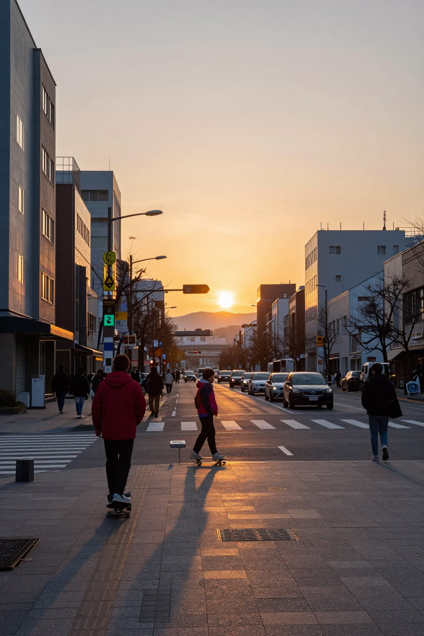 Street Scene in Sapporo at As The Sun Drops Toward The Horizon in in Sapporo, Japan