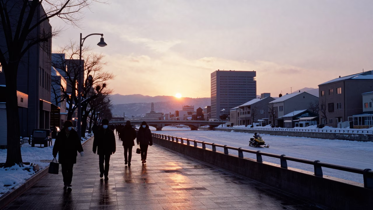 Street Scene in Sapporo at As The Sun Drops Toward The Horizon in in Sapporo, Japan