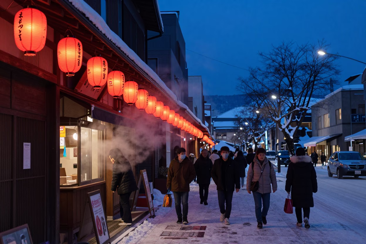 Street Scene in Sapporo at Indigo Twilight After Sunset in in Sapporo, Japan