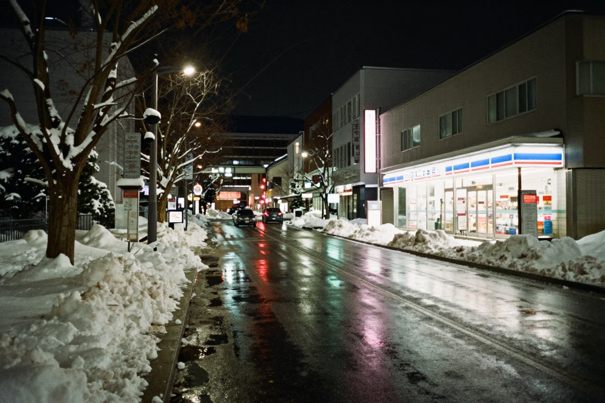 Street Scene in Sapporo at Late At Night Light in in Sapporo, Japan