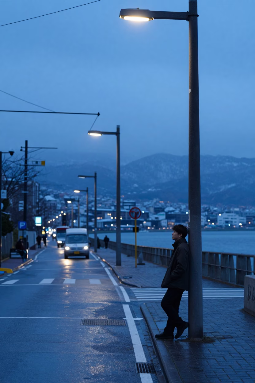 Street Scene in Sapporo at Nautical Dawn Light in in Sapporo, Japan
