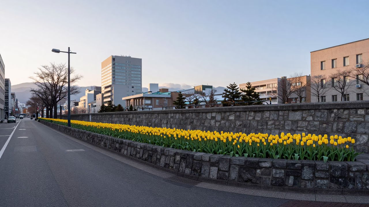 Street Scene in Sapporo at Sunrise Light in in Sapporo, Japan