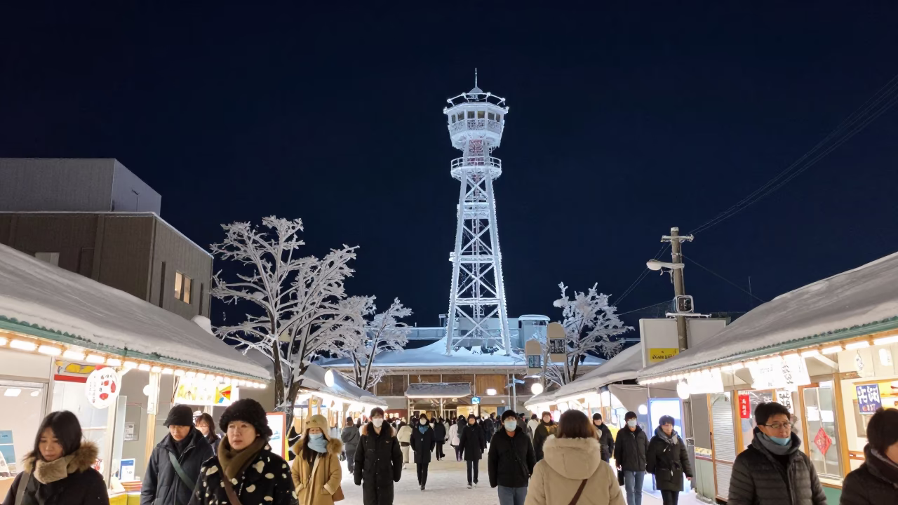 Street Scene in Sapporo at The Deepest Night Sky Light in in Sapporo, Japan