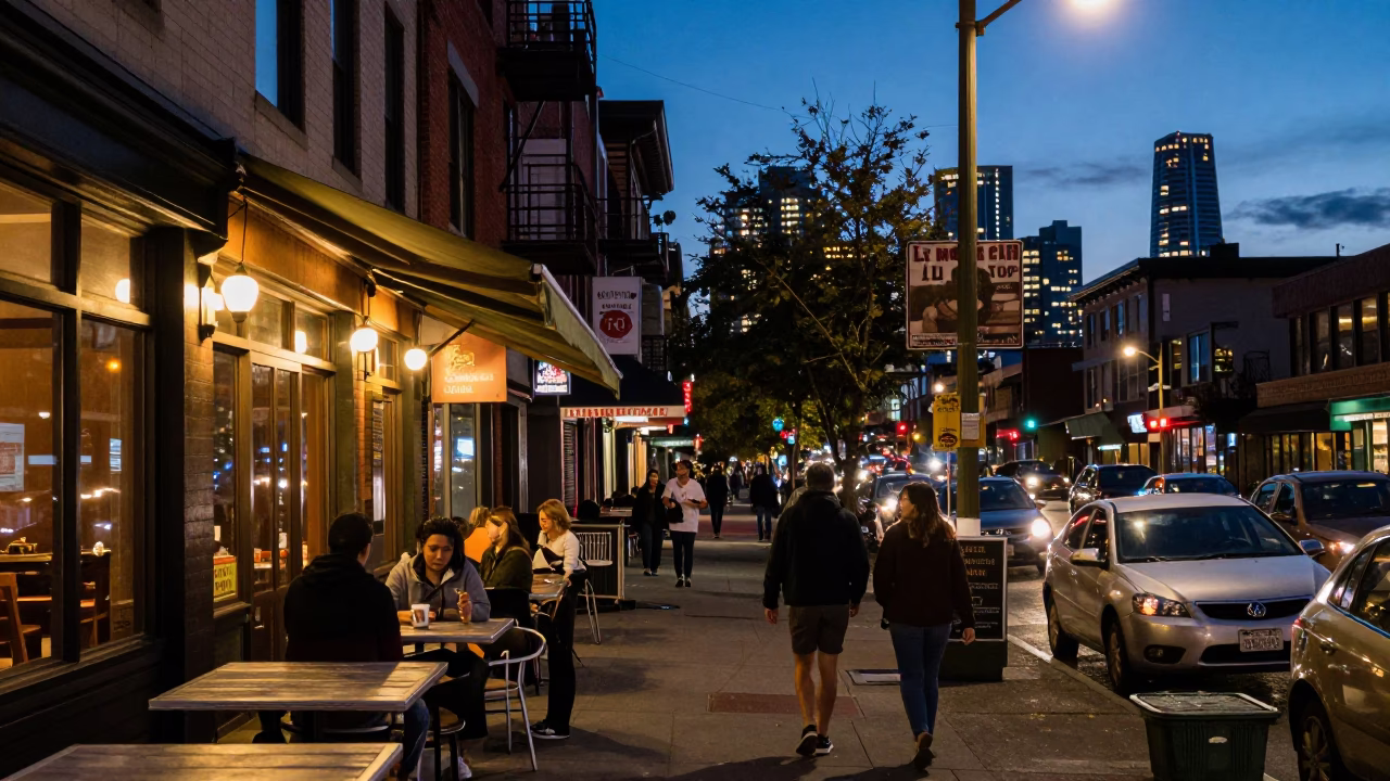 Street Scene in Seattle at As City Lights Begin To Glow in in Seattle, Washington, United States