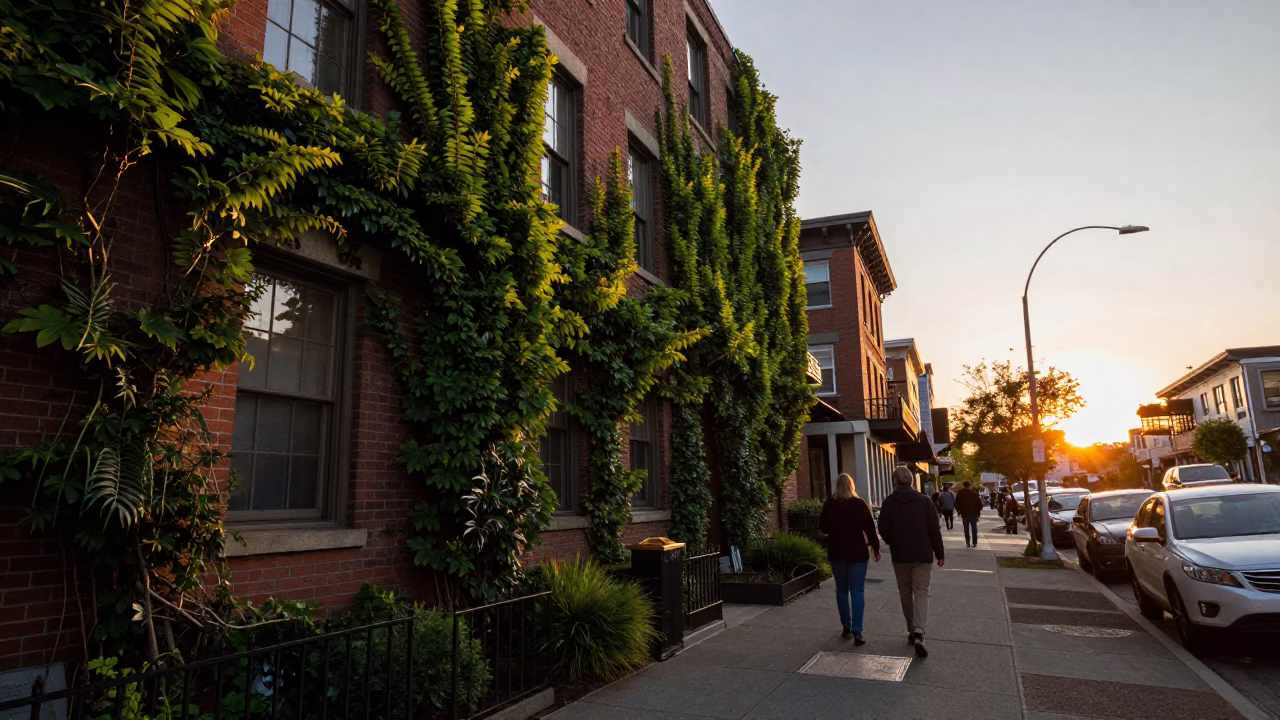 Street Scene in Seattle at As The Sun Drops Toward The Horizon in in Seattle, Washington, United States