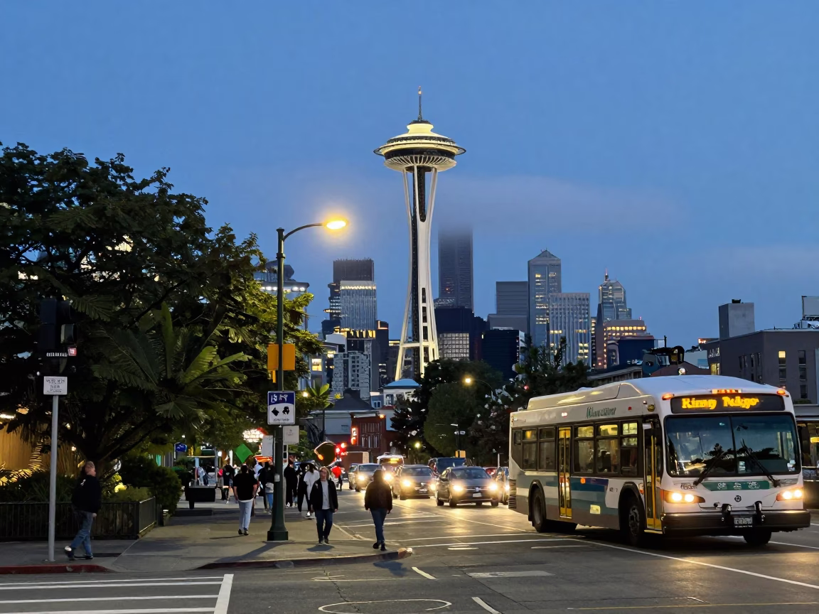 Street Scene in Seattle at Twilight in in Seattle, Washington, United States