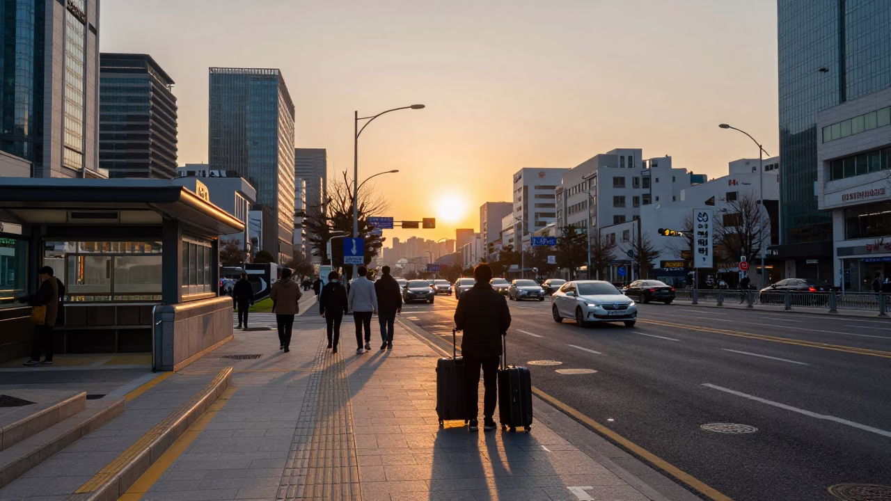 Street Scene in Seoul at As The Sun Drops Toward The Horizon in in Seoul, South Korea