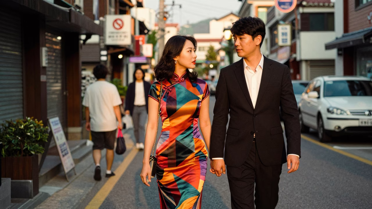 Street Scene in Seoul at Honeyed Evening Light in in Seoul, South Korea