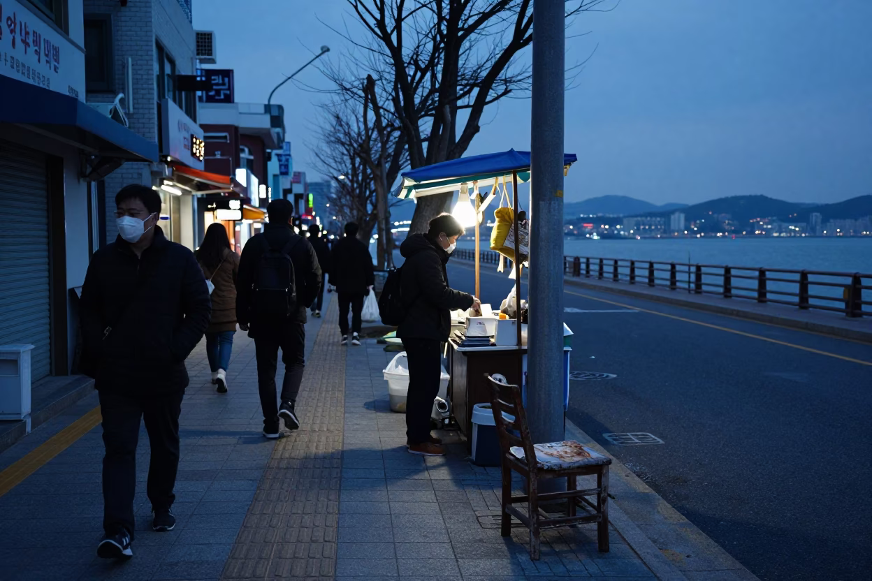 Street Scene in Seoul at Nautical Dawn Light in in Seoul, South Korea