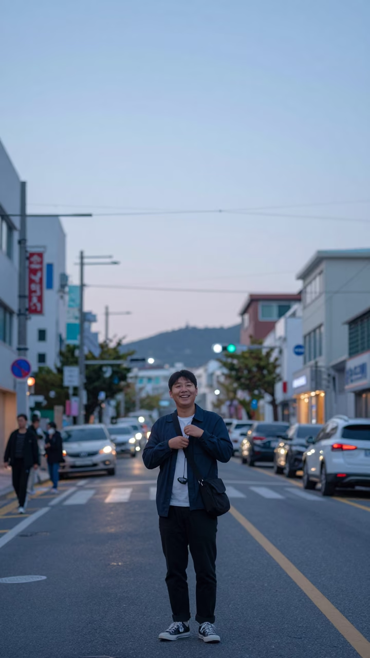 Street Scene in Seoul at Nautical Dawn Light in in Seoul, South Korea
