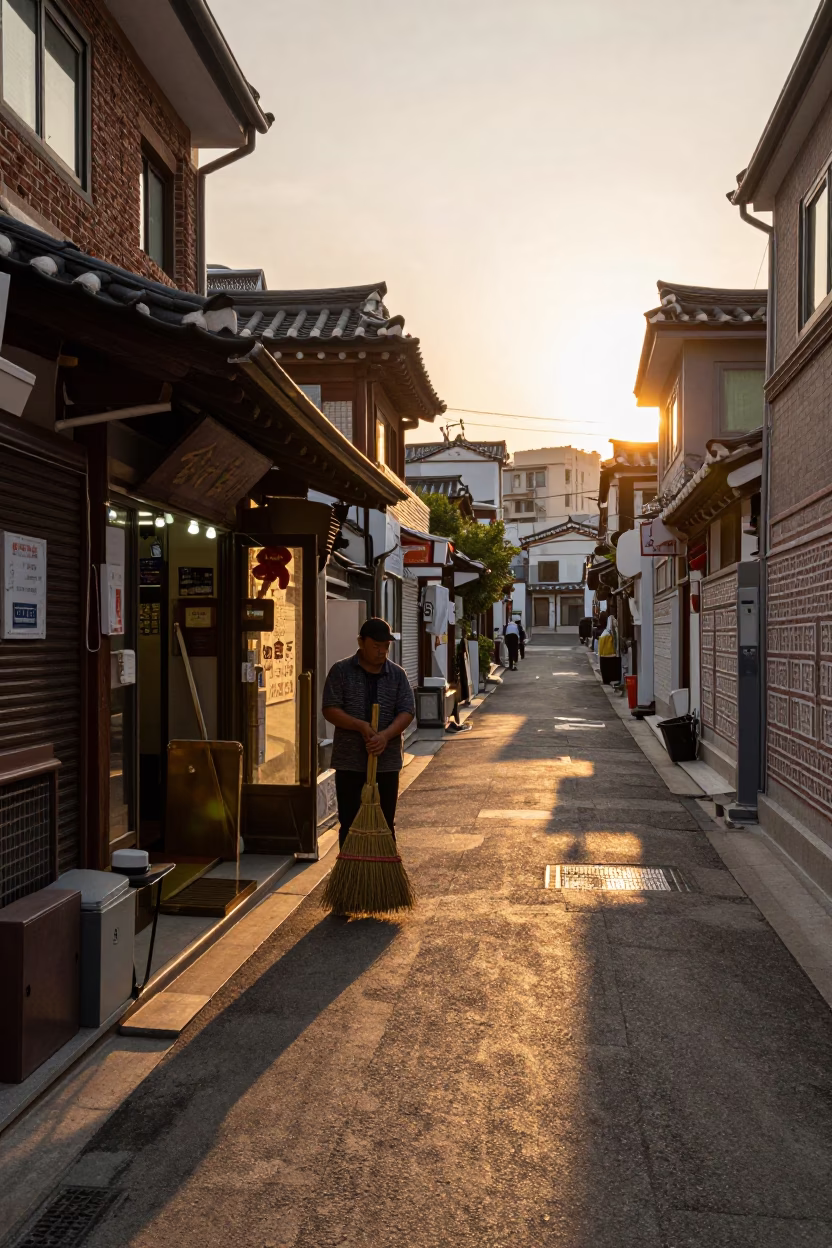 Street Scene in Seoul at Sunset Light in in Seoul, South Korea