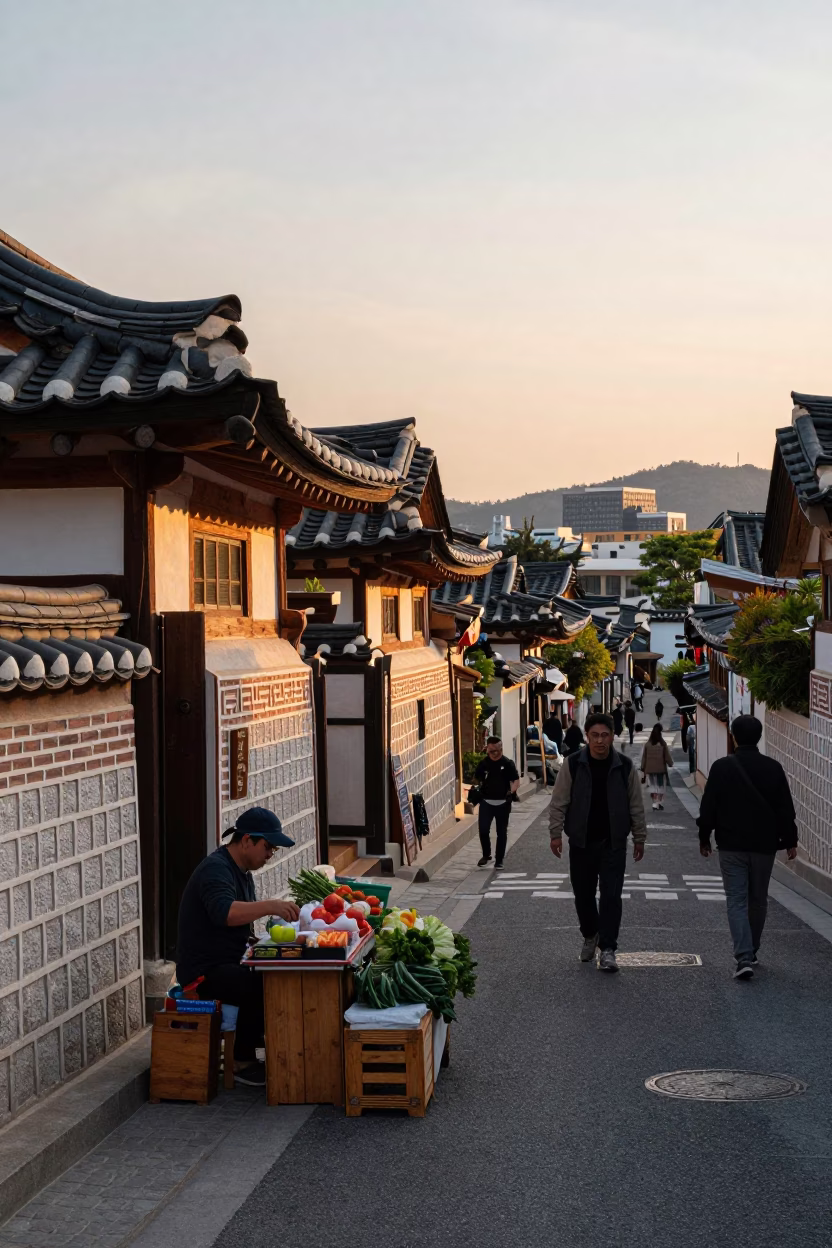 Street Scene in Seoul at Sunset Light in in Seoul, South Korea